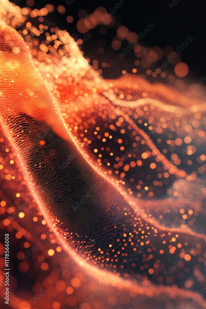 Poster abstract digital background with dynamic information streams and flowing data particles in warm tone