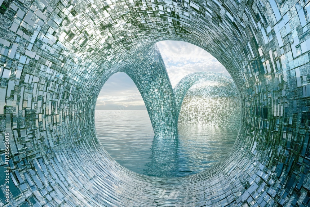 Poster experience a captivating surreal landscape featuring flowing data streams and reflective structures,