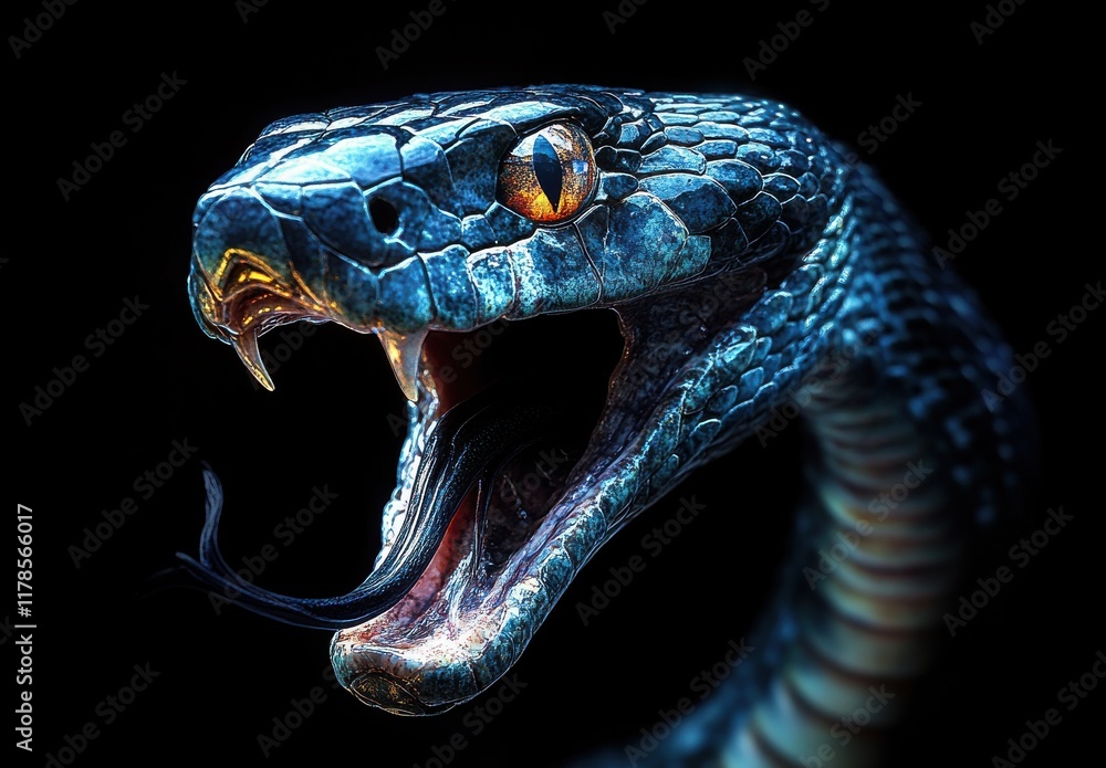 Poster hyper-realistic close-up of an aggressive snake with vivid blue scales, showcasing its sharp fangs a