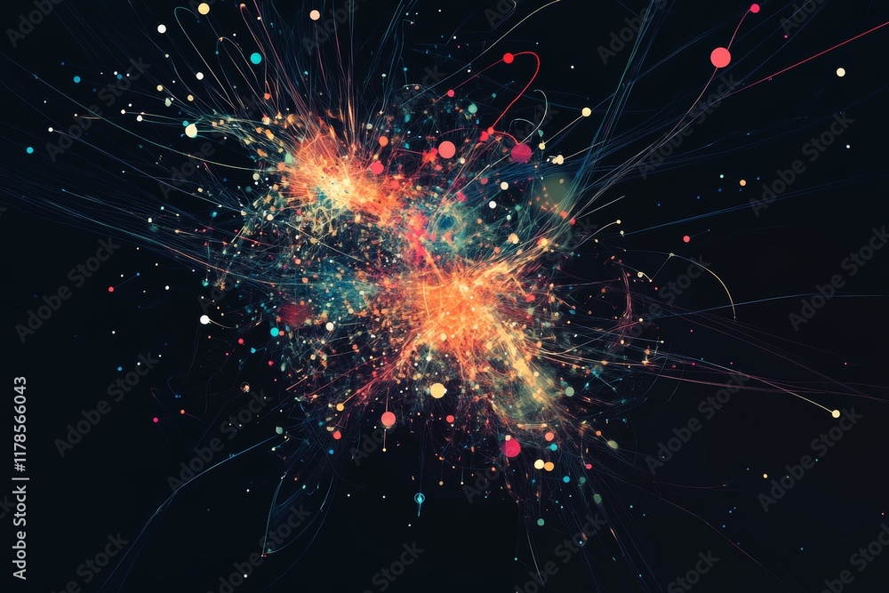 Poster explore a vivid abstract visualization of digital networks intricately woven with colorful data poin