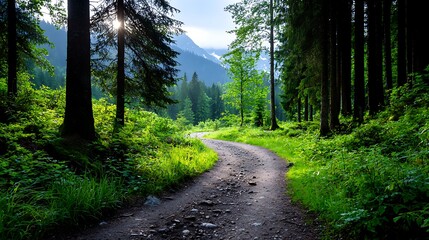 Fototapeta premium Sunlit path winding through a lush green forest with mountains in the background.