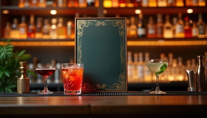 Elegant bar setting mockup. Empty menu board stands on bar. Cocktails in glasses are displayed on the bar. Stylish bar accessories visible. Ideal for a cocktail bar menu or drinks display.