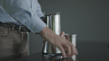 Businessman assembling Classic Moka coffee Pot on Modern Kitchen Countertop. Mindfulness routine.