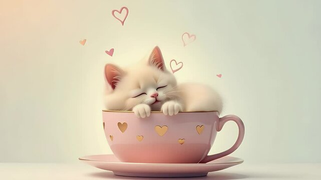 A chubby cat curled up in a teacup, with soft pastel colors and a heart-shaped steam rising above.

