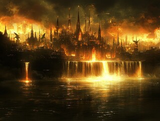 Fototapeta premium A floating fortress built entirely of glowing crystal, surrounded by radiant waterfalls that cascade into a misty abyss. Ethereal guardians with shimmering wings hover protectively around the 