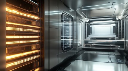 Obraz premium A sleek, futuristic interior showcasing a high-tech data storage facility with glowing lights and modern design elements, perfect for science fiction themes.