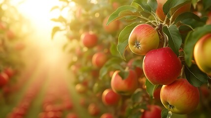 Ripe red apples on tree branches at sunrise orchard.