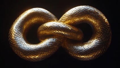 Fototapeta premium Intricate Gold Loop Design Symbolizing Infinity with Textured Surface in Elegant Lighting on Black Background for Creative Concepts