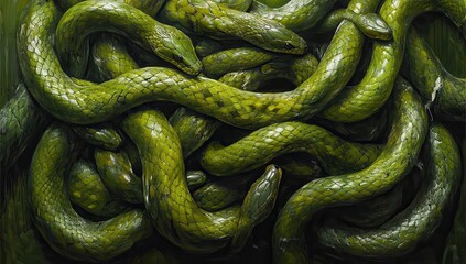 Obraz premium Intricate Dance of Green Snakes Intertwined in a Lush Jungle Setting Capturing the Beauty and Mystery of Nature's Serpents