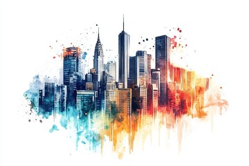 Obraz premium Artistic watercolor depiction of a modern city skyline with skyscrapers and colorful splashes, creating a vibrant urban scene.