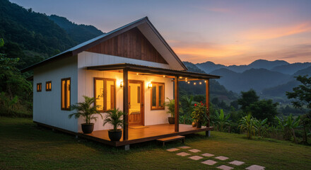 Modern Mountain Cabin Retreat at Sunset Scenic View Cozy Home Exterior