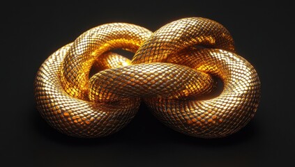 Obraz premium Intricate Knot of a Shiny Gold-Colored 3D Snake Sculpture with Textured Surface Against a Dark Background for Decorative and Artistic Use