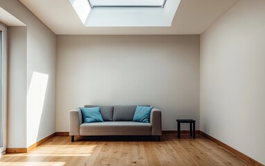 Fototapeta premium Modern minimalist living room with gray sofa, skylight, and hardwood floor.