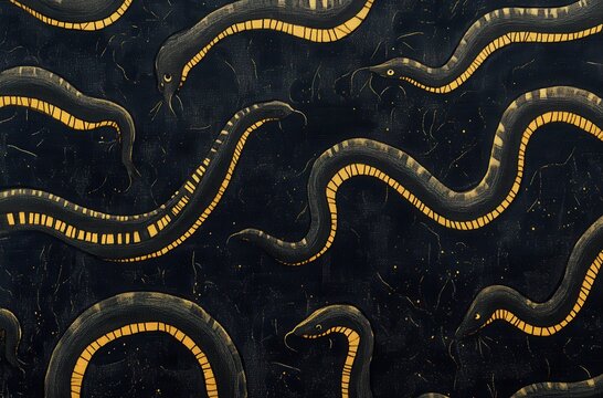Intricate Pattern of Dark Snakes with Yellow Highlights on a Black Background Ideal for Creative Projects and Artistic Designs