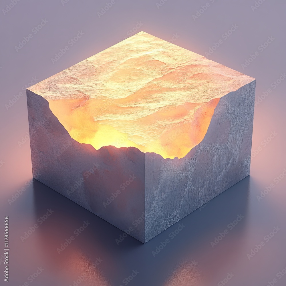 Poster a glowing cube with a textured surface emits warm light, creating a captivating abstract scene on a 