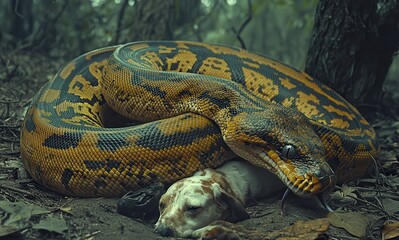 Large Colorful Snake Coils Comfortably Around Sleeping Dog in Serene Forest Environment, Capturing a Unique Moment of Nature's Intriguing Dynamics and Wildlife Interaction