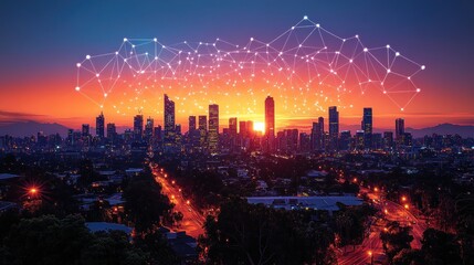 Fototapeta premium A vibrant city skyline at sunset with a digital network overlay.
