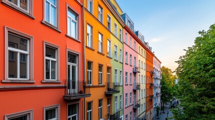 Naklejka premium Mindfulness and meditation method, Vibrant buildings in orange, yellow, and pink hues line a street, showcasing colorful architecture against a clear sky.