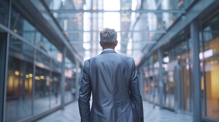 Fototapeta premium Businessman in a suit walking alone through a glass corridor of a modern office building reflecting city life and corporate culture