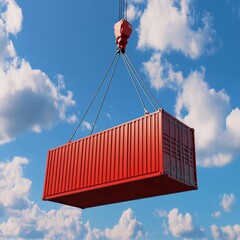 Red Cargo Container Being Lifted by Crane Against a Blue Sky with Fluffy White Clouds: Global Trade and Logistics