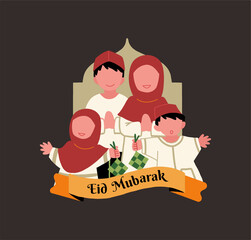 Flat Illustration of Happy Muslim Family Celebrating Eid Mubarak – Islamic Holiday Greeting Card Design