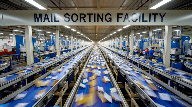 Mail sorting facility with automated machinery efficiently processing and organizing large volumes of mail, showcasing the importance of technology in modern logistics and postal services.