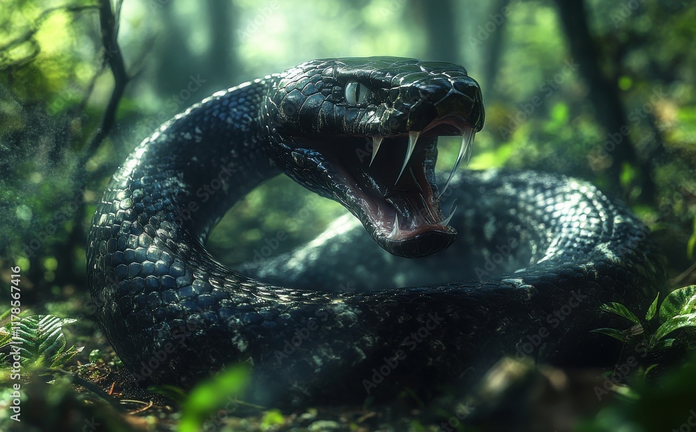 Poster majestic black snake with fangs displayed in dense forest setting, surrounded by rich green foliage 