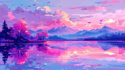 A mystical mountain range glowing softly with molten gold streams that cascade into a radiant lake. Ethereal beings with glowing wings glide gracefully above the peaks, leaving trails of light 