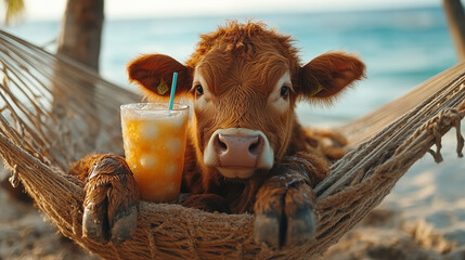 Highland cow relaxing in beach hammock with tropical drink, vacation lifestyle concept