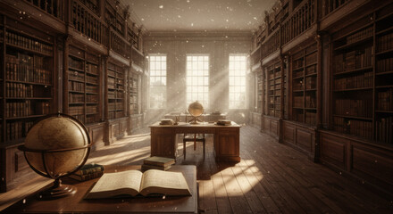 Sunlit Grand Library Interior Bookshelves Globe Desk Dusty Sunlight