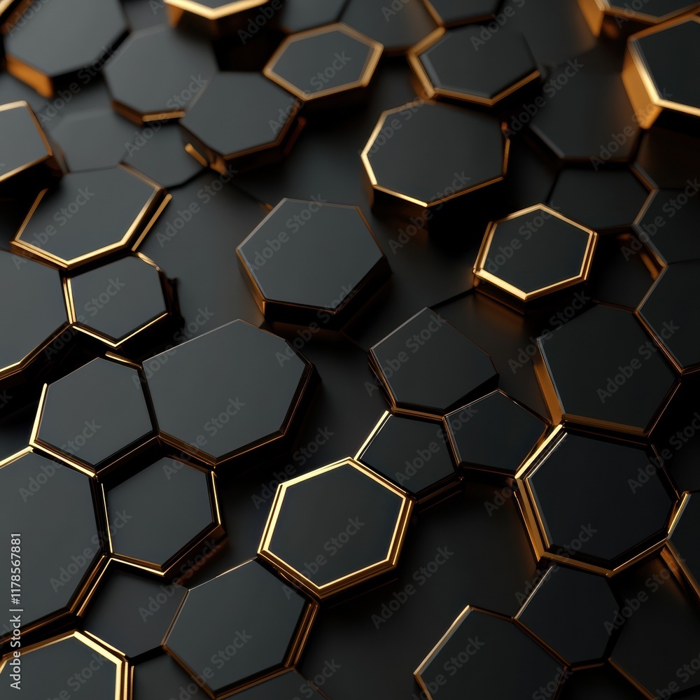 Poster abstract 3d render of black and gold hexagons: geometric pattern background