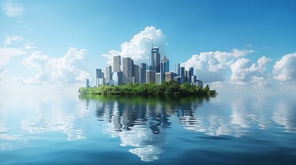 Fototapeta premium Futuristic floating island city with towering skyscrapers and modern architecture reflecting in the calm tranquil waters under a cloudy blue sky Conceptual minimalist landscape showcasing an urban