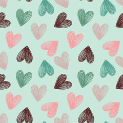 Colorful Hand-Drawn Heart Pattern on a Vibrant Turquoise Background