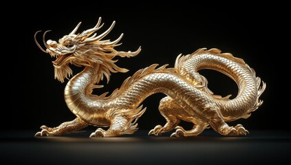 Fototapeta premium Majestic Golden Dragon Sculpture with Intricate Detailing, Symbolizing Strength and Power, Set Against a Dark Background for Dramatic Effect