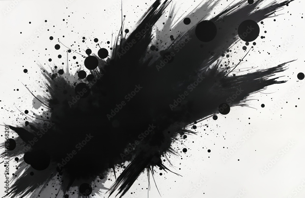 Leinwandbilder abstract graphic design with black ink splatter, brush strokes on white background. organic shapes c