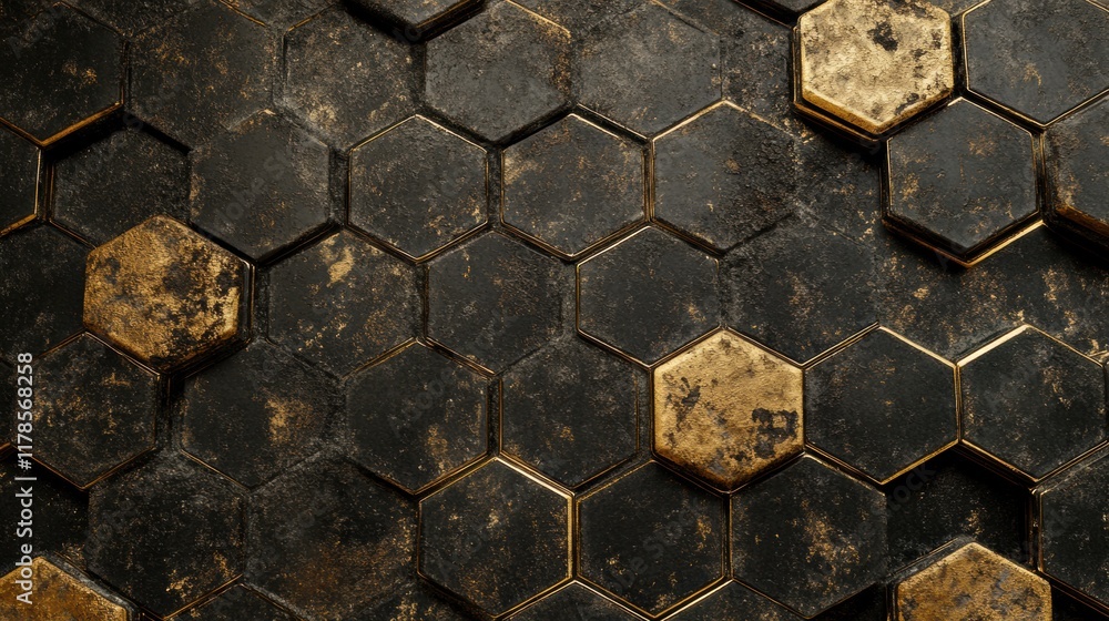 Poster abstract hexagonal gold and black texture background design: geometric pattern of distressed metalli