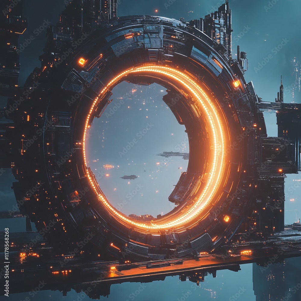 Poster a stunning sci-fi scene featuring a massive space station with a glowing circular portal, surrounded