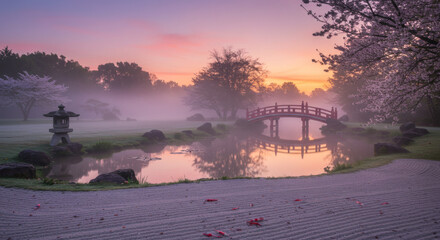 Serene Japanese Garden Sunrise Misty Pond Red Bridge Cherry Blossoms