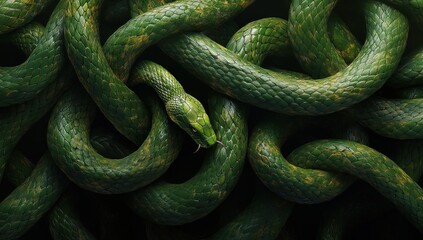 Obraz premium Majestic Green Snake Twisting Among Lush Forest Foliage, Showcasing Intricate Scales and Vibrant Coloration in a Captivating Natural Setting
