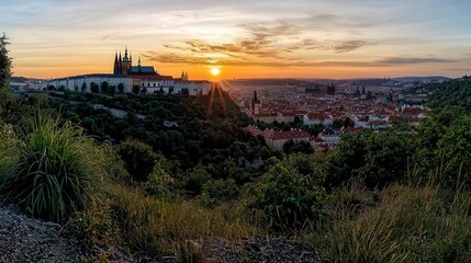 Sunset overlooking majestic prague castle vltava river photography urban landscape wide angle historical beauty