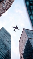 Airplane Flying Over Modern City Skyscrapers