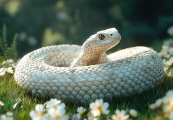 Fototapeta premium Majestic White Snake Coiled on Vibrant Green Grass Surrounded by Delightful White Flowers in a Lush Natural Environment Under Soft Morning Light