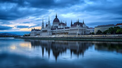 Majestic reflection of the hungarian parliament on the danube serene wide-angle architectural photography