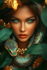 Mysterious Woman with Green Eyes Surrounded by Snake and Foliage in a Vibrant Jungle Setting, Capturing Nature's Beauty and Intrigue, Enigmatic Expression