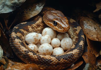 Obraz premium Mother Snake Protecting Her Eggs in a Natural Nest Surrounded by Autumn Leaves, Capturing the Beauty of Wildlife Reproduction in a Forest Environment