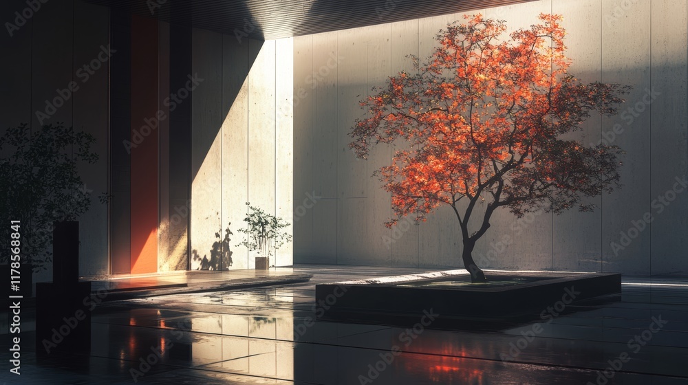 Poster a serene indoor setting featuring a vibrant autumn tree illuminated by subtle light. the minimalisti