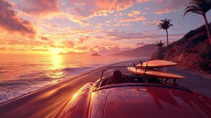 A Summer Road Trip Along a Coastal Road with a Surfboard on the Roof