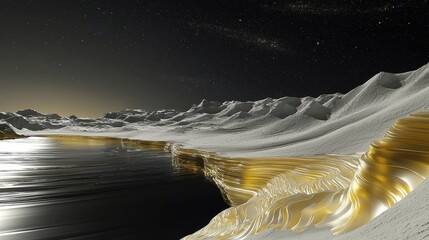 A surreal volcanic lake surrounded by cliffs that glow with radiant moss. Streams of molten silver pour into the lake, creating ripples of light that reflect the swirling constellations in the 