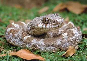 Obraz premium Serene Close-up of a Brown and White Scaled Snake Lying on Lush Green Grass Surrounded by Autumn Leaves in a Natural Habitat
