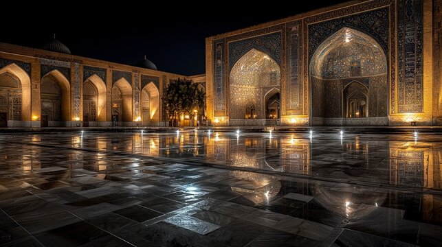 Illuminated nighttime view of registan square samarkand architectural beauty urban setting dynamic perspective
